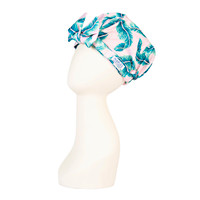 Tropical Leaves Pale Pink & Blue Reusable Stylish Shower Cap Side